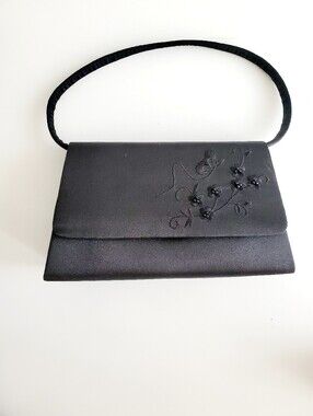 Black Satin Mini Evening Bag with Floral Bead Detail